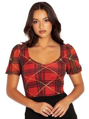 NWOT Blackmilk Tartan Gift Wrap Puff Sleeve Sweetheart Top ~ LIMITED Size Large